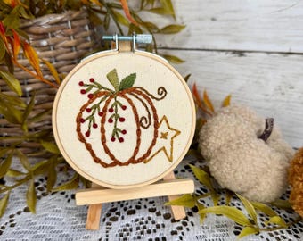 Hand Embroidered Pumpkin Hoop, Fall Embroidery Wall Decor