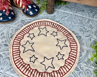 Hand Embroidered Patriotic Table Decor, Red White Blue Candle Mat, Stars and Stripes Decor