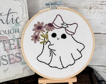 Hand Embroidered Ghost Hoop, Spooky Fall Decor, Mauve Flowers, Purple Bow