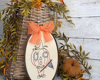 Primitive Halloween Pumpkin Ghost Embroidery Hoop, Embroidered Jack O' Lantern Wall Decor