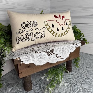 Rectangle mini pillow  6"x10" embroidered on natural muslin with "one in a melon" in black floss and a watermelon in red, two shades of green for the rind and black seeds. Backed with red ticking stipe cotton.