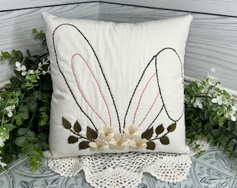 Spring Easter Rabbit with Daisies Decorative Pillow, Embroidered Easter Bunny Ears, Spring Decor, Easter Gifts for Mom, Farmhouse Easter
