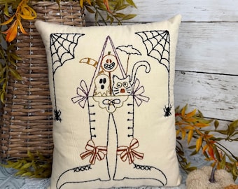 Halloween Witch Boots Pillow, Hand Embroidered Halloween Decor, Spooky Farmhouse Fall Cushion