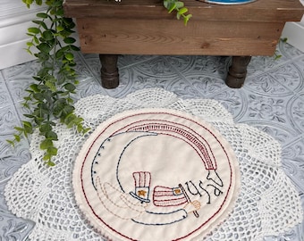 Hand Embroidered Patriotic Uncle Sam Decorative Mat, Americana Primitive Decor