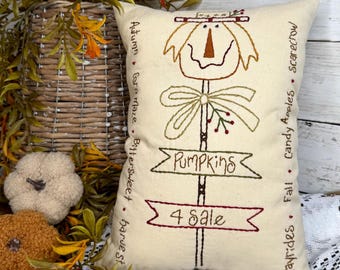 Hand Embroidered Scarecrow Pillow, Primitive Fall Farmhouse Decor