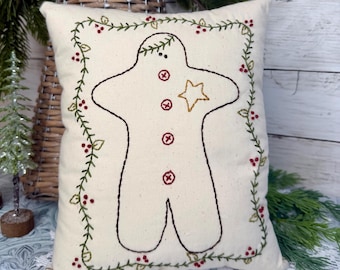 Gingerbread Man Christmas Pillow, Hand Embroidered Holiday Cushion, Primitive Christmas Decor