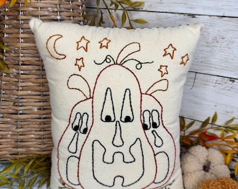 Hand Embroidered Jack O'Lantern Pillow, Primitive Halloween Decor, Rustic Fall Cushion