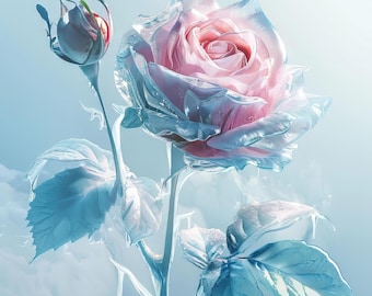 Frozen Elegance: Printable Digital Artwork of an Icy Rose and Bud in Winter’s Crystal Glow