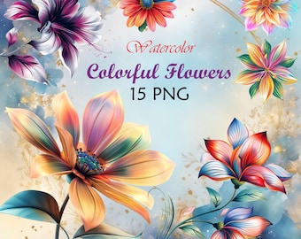 Colorful Spring Flowers Clipart, Watercolor Flower PNG, Printable DIY