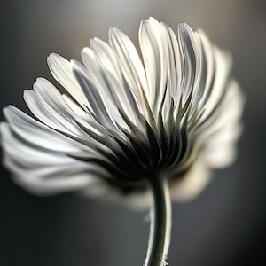 May include: A close-up of a white flower with delicate, layered petals. The petals are translucent, allowing light to pass through, creating shadows and highlights. The flower's stem is green, and the background is a soft, blurred gray.