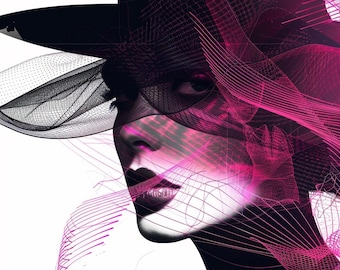 Fashion Woman Portrait: Pink Abstract Lines, Modern Art (Digital Download)