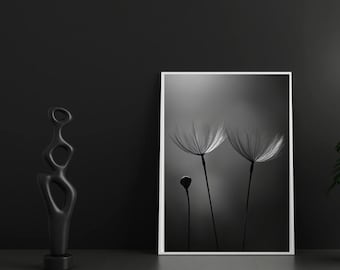 Minimalist Black and White Dandelion Illustration, Modern Wall Art, Botanical Digital Print