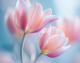 Pastel Peach Tulips Bloom – Soft Blue Background Printable Wall Art Digital Download