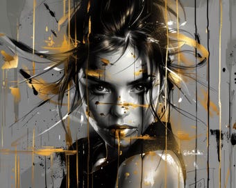 Elegant Woman Portrait with Gold Accents - Modern Art (Digital Download)