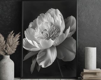 Elegant Peony Flower Print: Black and White Botanical Art (Digital Download)