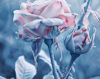 Frozen Elegance: Printable Digital Artwork of an Icy Rose and Bud in Winter’s Crystal Glow