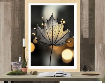Golden Leaf Art Print, Luminous Autumn Nature Decor (Digital Download)