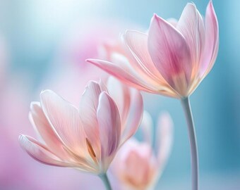 Pastel Peach Tulips Bloom – Soft Blue Background Printable Wall Art Digital Download