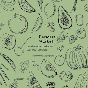 Könnte beinhalten: Handgezeichnete Illustration verschiedener Früchte und Gemüse, darunter Äpfel, Kürbisse und Kirschen, auf hellgrünem Hintergrund. Die Worte "Farmers Market" werden zusammen mit Details zum Clip-Art angezeigt.