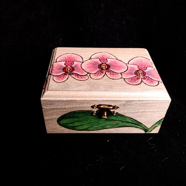 Pink Orchids wood burned box: a modern decorative accent