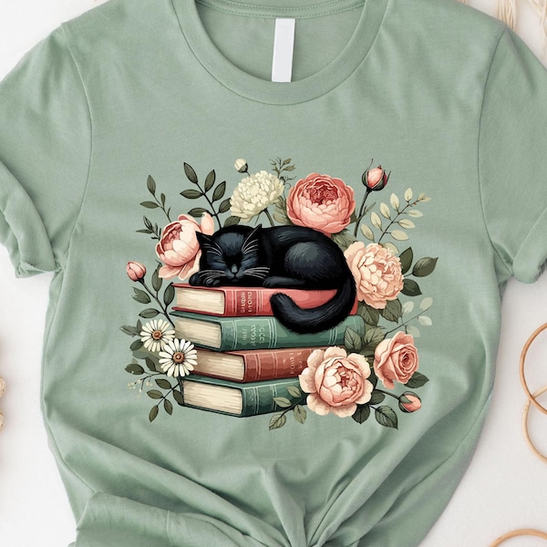 Cat Book T-Shirt: Floral Cat Lover Reading Shirt