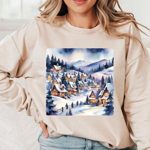 Christmas Winter Village Sweatshirt, Snow Village Cozy Winter Sweater, Christmas Village Sweat, Watercolor Sweater, Pine Trees Outfit
