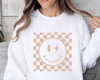 Checkered Happy Face Sweatshirt: Lightning Bolt Smiley Pullover