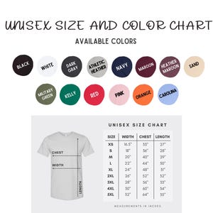 May include: A unisex size and color chart for t-shirts. The chart displays available colors in circles, including black, white, and navy. A diagram shows chest, width, and length measurements in inches for various sizes, from XS to 5XL.