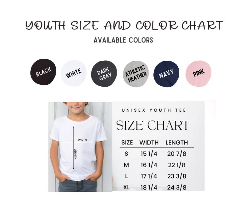 May include: A white youth tee shirt with a size chart and color options. The size chart shows measurements for sizes S, M, L, and XL. Available colors include black, white, dark gray, athletic heather, navy, and pink.