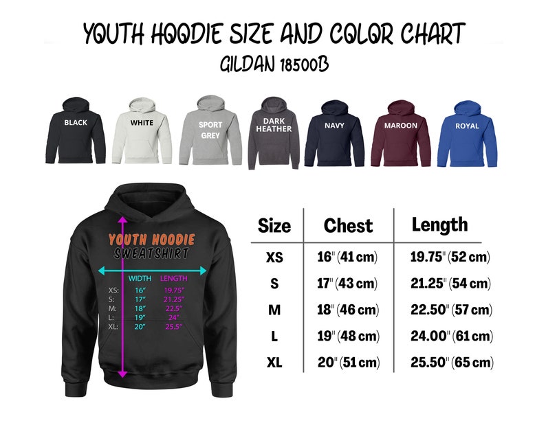 K&ouml;nnte beinhalten: Gr&ouml;&szlig;entabelle f&uuml;r Jugend-Hoodies mit Ma&szlig;en in Zoll und Zentimetern. Die Tabelle zeigt die Brust- und L&auml;ngenma&szlig;e f&uuml;r die Gr&ouml;&szlig;en XS, S, M, L und XL. Die Tabelle zeigt auch die Breiten- und L&auml;ngenma&szlig;e f&uuml;r jede Gr&ouml;&szlig;e. Der Hoodie ist in 10 Farben erh&auml;ltlich: Schwarz, Wei&szlig;, Sportgrau, Dunkelgrau, Marineblau, Rotbraun, Royalblau, Rot, Gr&uuml;n und Lila.