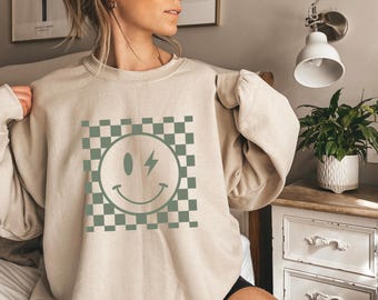 Lightning Bolt Smiley Sweatshirt: Checkered Happy Face Retro Pullover
