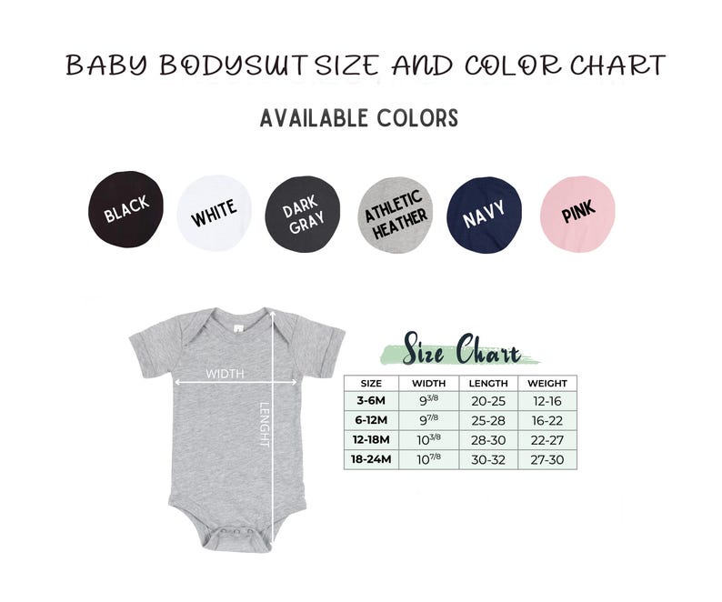 May include: A baby bodysuit size and color chart. Available colors are black, white, dark gray, athletic heather, navy, and pink. The chart includes size, width, length, and weight measurements for baby bodysuits.