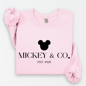 May include: Pink sweatshirt with a black silhouette of Mickey Mouse and the text "MICKEY & CO. EST. 1928"