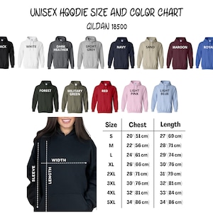 K&ouml;nnte beinhalten: Unisex-Hoodie Gr&ouml;&szlig;en- und Farbtabelle f&uuml;r Gildan 18500. Die Tabelle zeigt die verschiedenen Farben und Gr&ouml;&szlig;en, die f&uuml;r den Hoodie verf&uuml;gbar sind. Die Tabelle enth&auml;lt auch die Ma&szlig;e f&uuml;r Brustumfang und L&auml;nge des Hoodies in Zoll und Zentimetern.