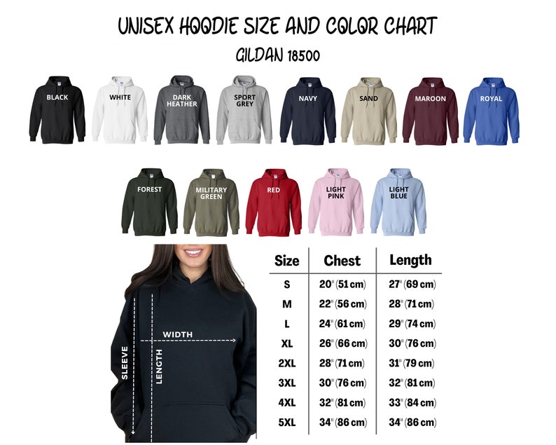 K&ouml;nnte beinhalten: Unisex-Hoodie Gr&ouml;&szlig;en- und Farbtabelle f&uuml;r Gildan 18500. Die Tabelle zeigt die verschiedenen Farben und Gr&ouml;&szlig;en, die f&uuml;r den Hoodie verf&uuml;gbar sind. Die Tabelle enth&auml;lt auch die Ma&szlig;e f&uuml;r Brustumfang und L&auml;nge des Hoodies in Zoll und Zentimetern.