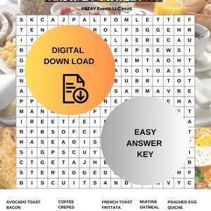 May include: A digital word search puzzle titled The Breakfast Hunt featuring a grid of letters, a list of 30 breakfast-themed words, and two circular overlays. One orange circle reads DIGITAL DOWNLOAD, and one grey circle reads EASY ANSWER KEY.