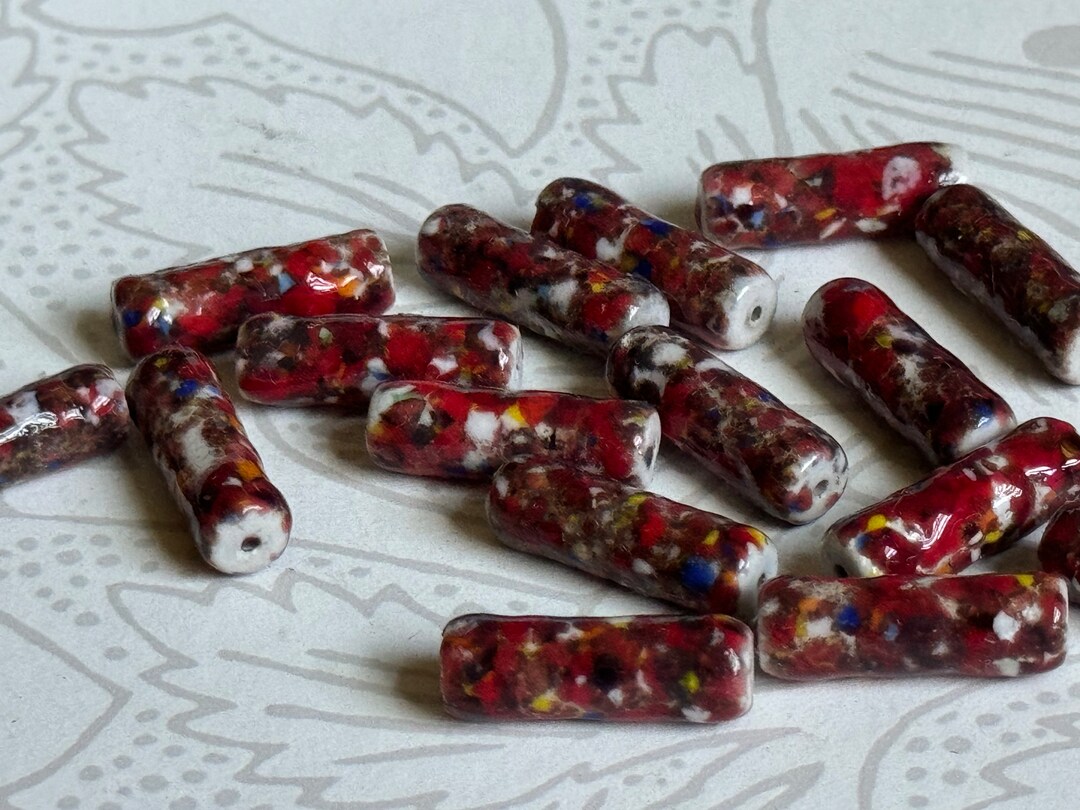 Vintage Glass Beads Handmade Japanese Red With Colored Frit Tube Beads ...