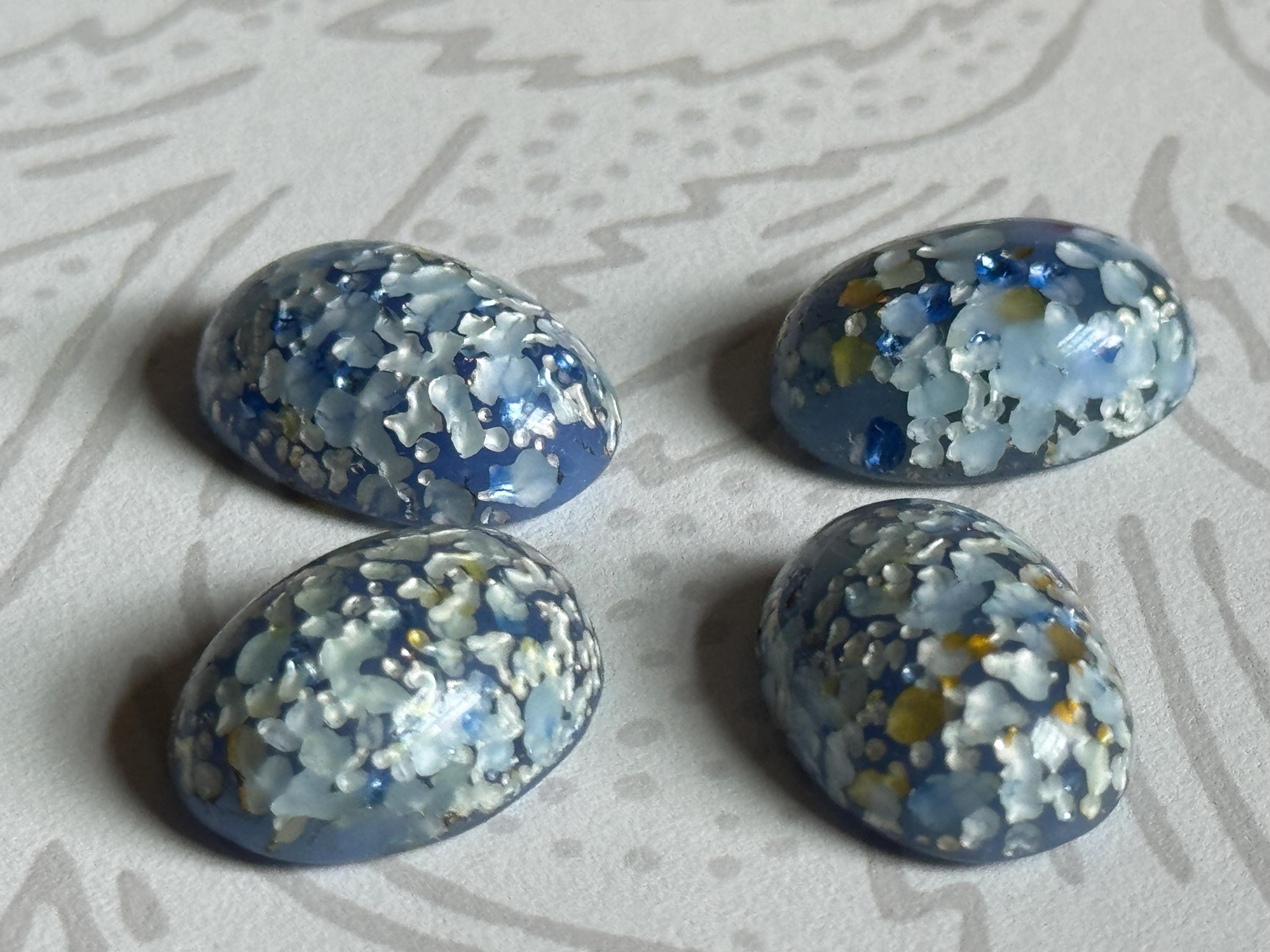 6 - Vintage Glass Cabochons 17/12.5mm Japanese Periwinkle & Silver-Foil Frit Cabs Stones
