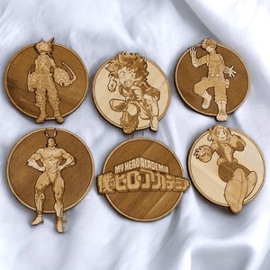 Personalized My Hero Academia Wooden Drink Coasters Laser Engraved Set of 6 - Unique Handmade Customized Laser-Etched Cool Gamers Gifts