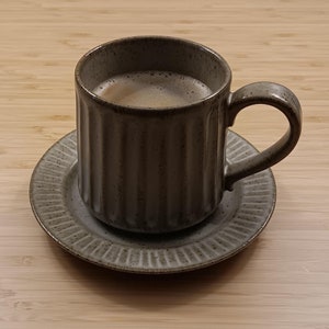 Classic Ceramic Coffee Mug & Saucer Large - Cappuccino Latte Tea - White Gold Green Gray Beige - Classic Cafe Mugs Collection - 10.5oz/310ml