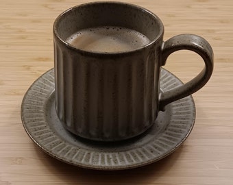 Classic Ceramic Coffee Mug & Saucer Large - Cappuccino Latte Tea - White Gold Green Gray Beige - Classic Cafe Mugs Collection - 10.5oz/310ml
