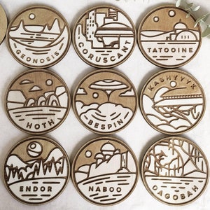 Customized 9 Planets Star Wars Wooden Coasters Set Laser Engraved - Cool Personalized Movie Drink Coasters - Cute Laser-Etched Unique Gifts