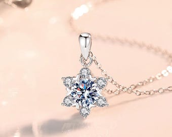 1ct Moissanite Snowflake Necklace, Sterling Silver, 6 Zircons, Sparkly Snow Flake Dazzling, Unique Anniversary Gifts for Her, Mom, Wife, GF