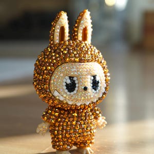 Crystallized Labubu Bag Charm: Handmade Bedazzled Pendant Gold