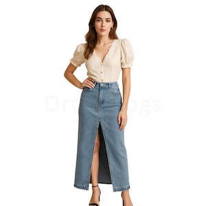 Retro A-Line Denim Maxi Skirt Cotton Split Skirt Casual Long Jean Skirt for Women