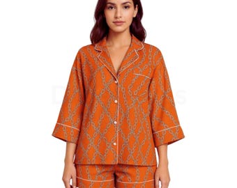 Printed Two-Piece Set: Collared Cardigan Top & High Waist Shorts