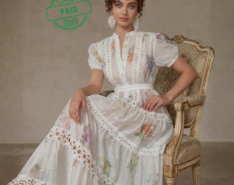 Floral Puff Sleeve Long Dress: Elegant White Chiffon Cottagecore Style