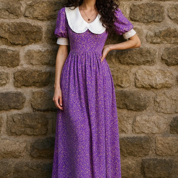 French Puff Sleeve Printed Dress for Women, Short Sleeve Midi V-neck Elegant Dress