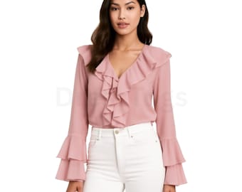 Blouse rose à volants : haut à manches cloche style français avec col lotus