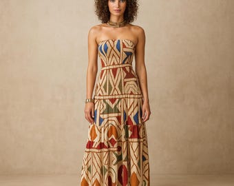 Elegant Strapless Maxi Dress: Geometric Smocked A-Line Summer Dress